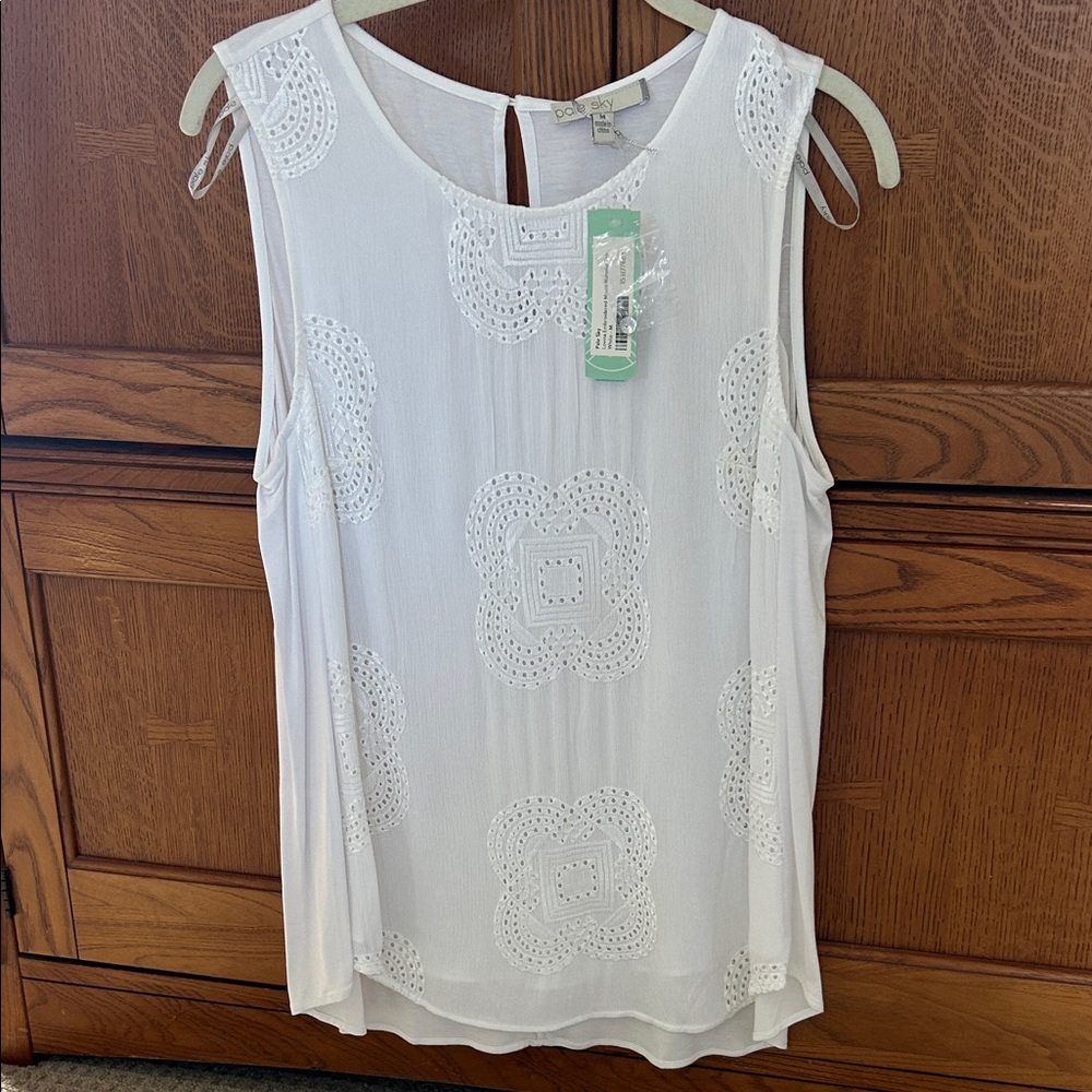 Pale Sky White Sleeveless Eyelet-Embroidered Blouse
